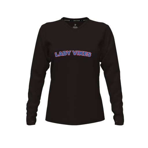 [CUS-DFW-TEES-CMF-VNK-LSL-BLK-FYXS-LOGO1] Decker Comfort T-Shirt (Female Youth XS, Black, V Neck, Logo 1, Long Sleeve)