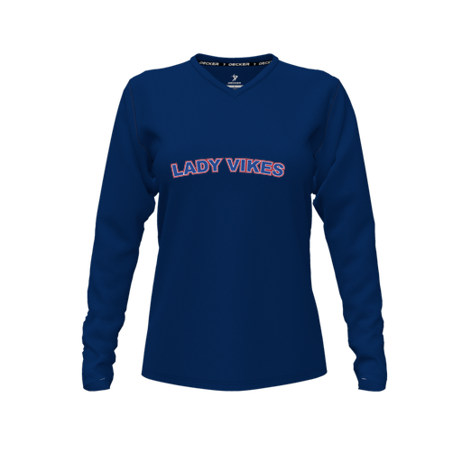 [CUS-DFW-TEES-CMF-VNK-LSL-NVY-FYXS-LOGO1] Decker Comfort T-Shirt (Female Youth XS, Navy, V Neck, Logo 1, Long Sleeve)