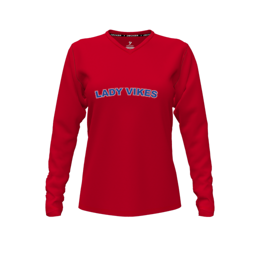 [CUS-DFW-TEES-PER-VNK-LSL-RED-FYXS-LOGO1] Decker Performance T-Shirt (Female Youth XS, Red, V Neck, Logo 1, Long Sleeve)