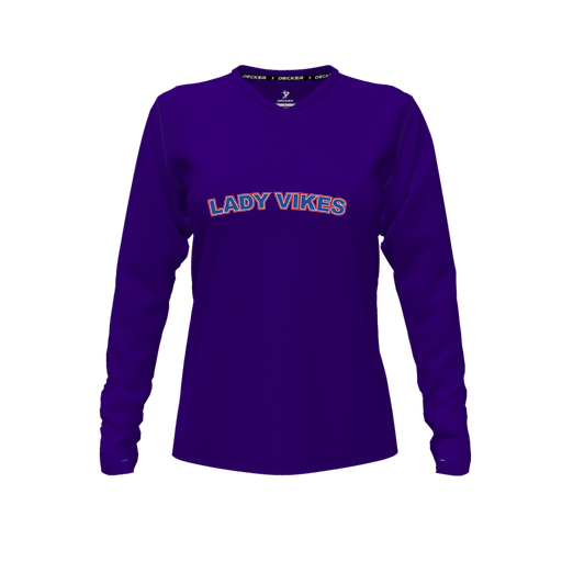 [CUS-DFW-TEES-PER-VNK-LSL-PUR-FYXS-LOGO1] Decker Performance T-Shirt (Female Youth XS, Purple, V Neck, Logo 1, Long Sleeve)